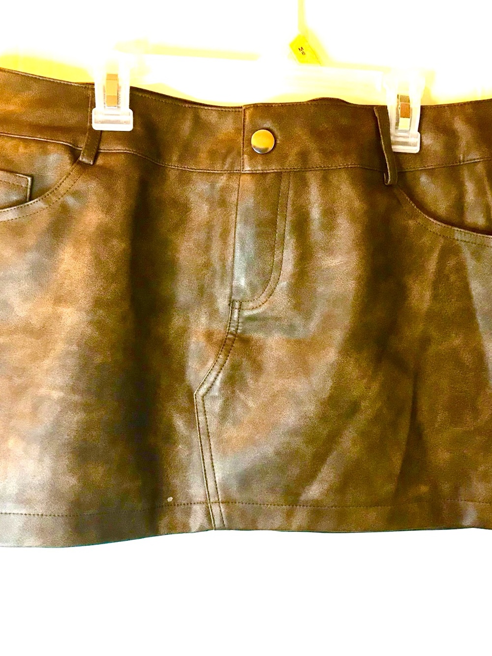 Edikted Brown Faux Leather Mini Skirt with Front Stitching